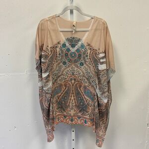 Seven7‎ Luxe Women's Paisley Kaftan Top Peach Turquoise Rhinestone Slashed 14/16